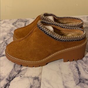 Anne Klein Cognac Suede Clog Mules with Braided Trim